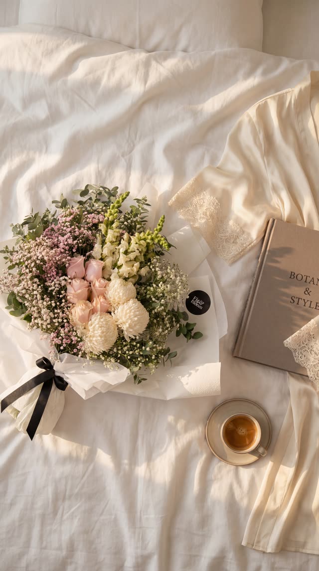 A Fig & Bloom bouquet styled softly on crisp white bedding with a cup and book.