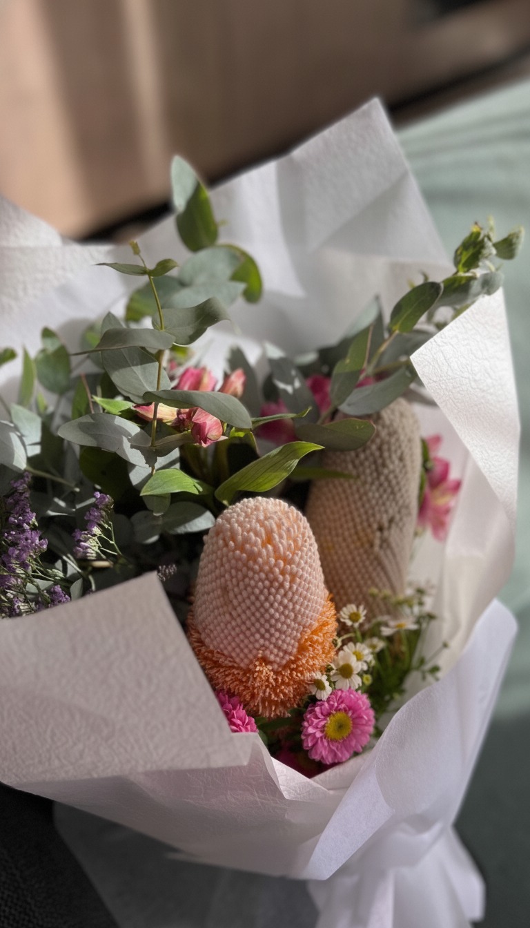 A bouquet of peachy-orange banksia, eucalyptus, pink alstroemeria and chrysanthemum in soft natural light