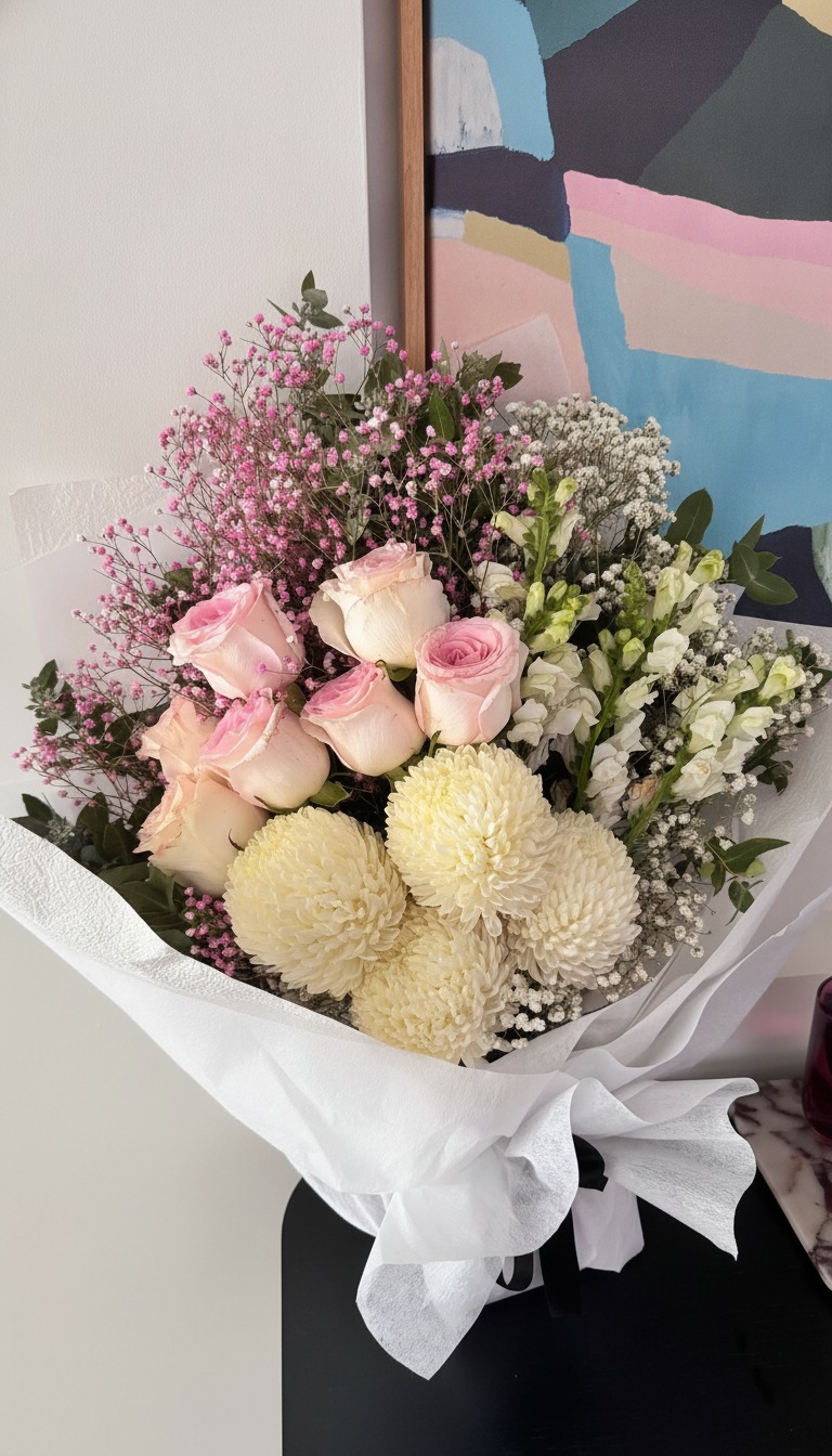 A soft arrangement of pale pink roses, cream chrysanthemums and white snapdragons wrapped in white paper