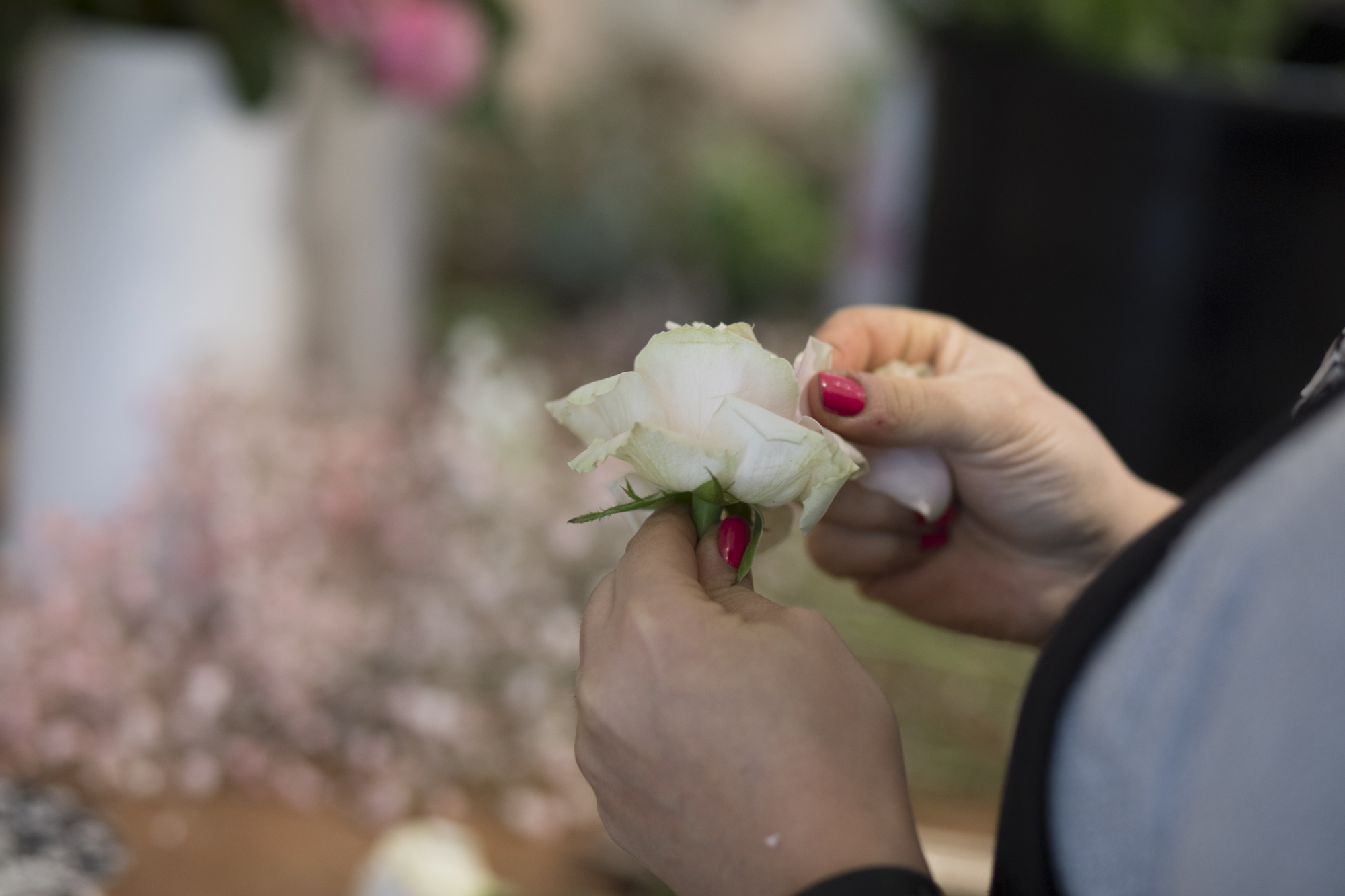 A florist's hands working on the inner petals of a white rose before it leaves the studio